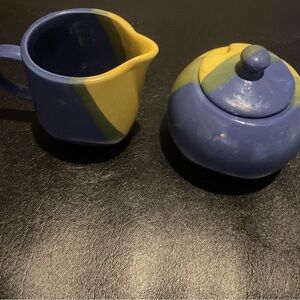 FESTIVE BLUE CANYON SUGAR BOWL AND CREAMER. GOOD CONDITION